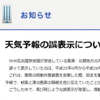NHK名古屋、長野の降水確率を約1年誤表示のまま放送