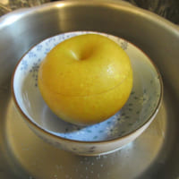 4．鍋に水を張り、火にかけて沸騰させます。そこにお皿に入れた梨を入れて蓋をし、40分間蒸します。