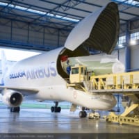 ベルーガXLの機首部分を運んできたベルーガST（Image：Airbus）