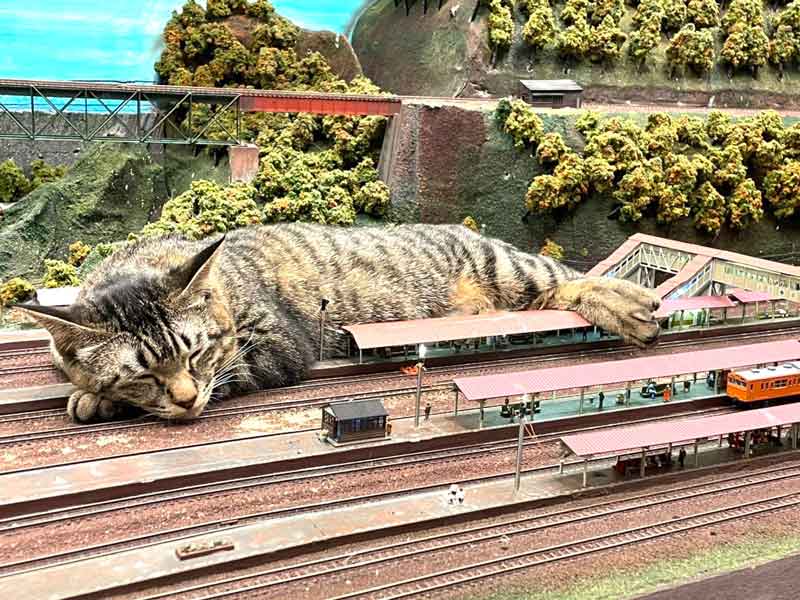 鉄道模型ジオラマを歩く保護猫たち　大阪の「ジオラマ食堂 てつどうかん」