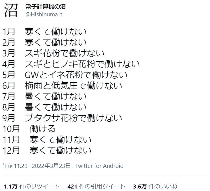 日本の四季の弊害？　Twitterユーザーの「働けない理由」に反響