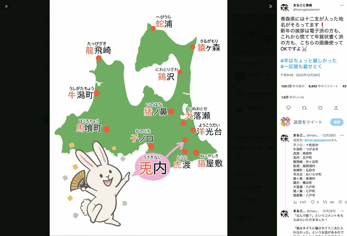 「十二支の動物地名」マップのツイート（スクリーンショット）
