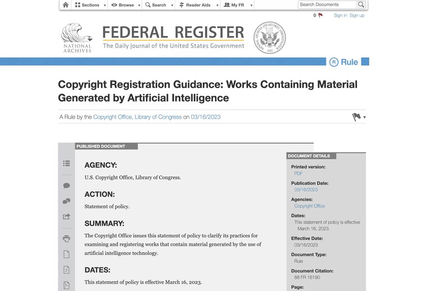 AI自動生成イラストの著作権登録に関するアメリカ連邦政府の官報（スクリーンショット）