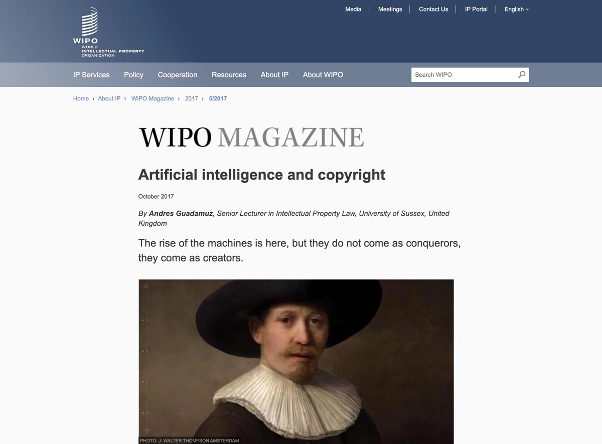 AIと著作権の問題に言及した「WIPO Magazine」の記事（スクリーンショット）