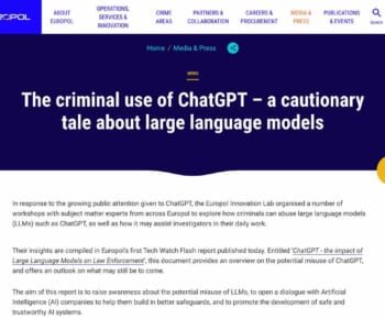 欧州刑事警察機構がChatGPTが犯罪に利用される可能性についての研究レポートを公開（プレスリリースのスクリーンショット）